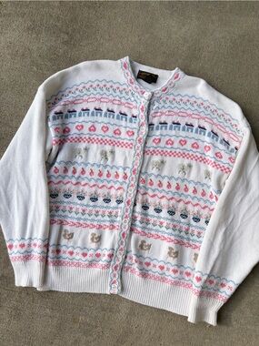 Vintage 90s Eddie Bauer sheep lamb duck cottagecore cardigan sweater knit cotton